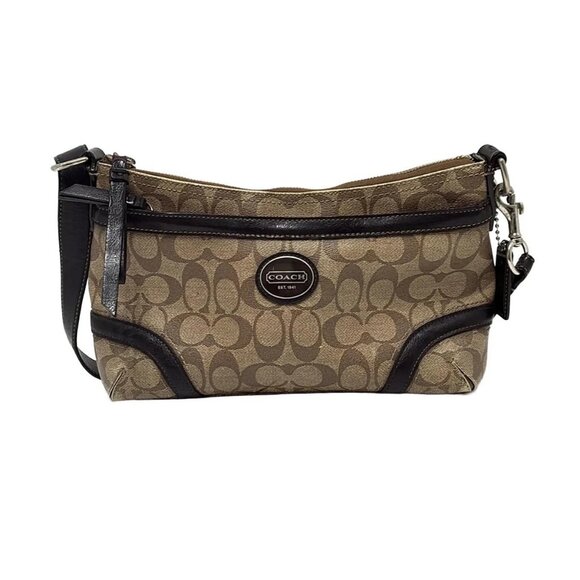 Auth COACH Heritage Signature EW Duffel F18924 Brown Dark Brown PVC Leather - Picture 1 of 10